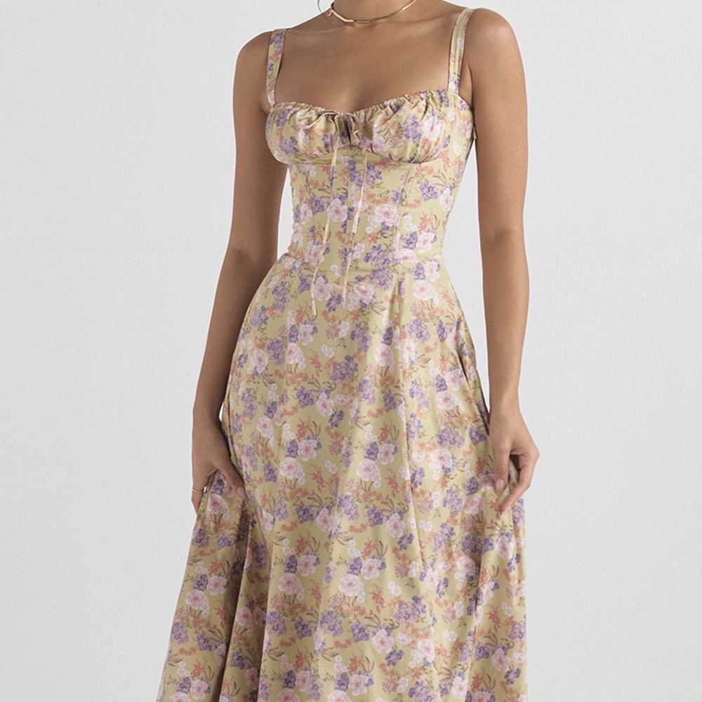 Yellow Floral Maxi Dress with Purple Floral Print and Bustier Top